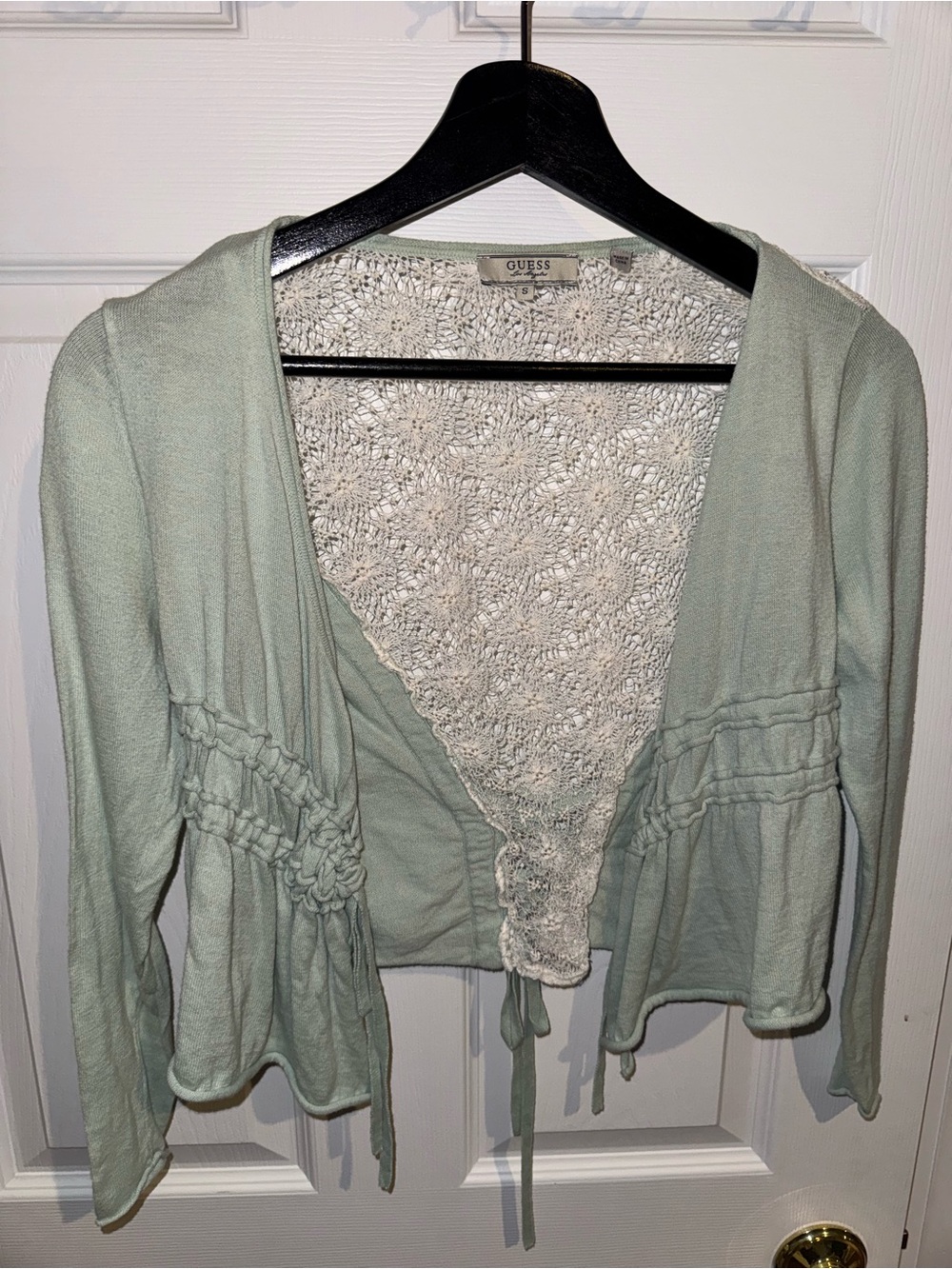 GUESS Sage Green Tie-Front Cardigan with White Crochet Back, Size Small
